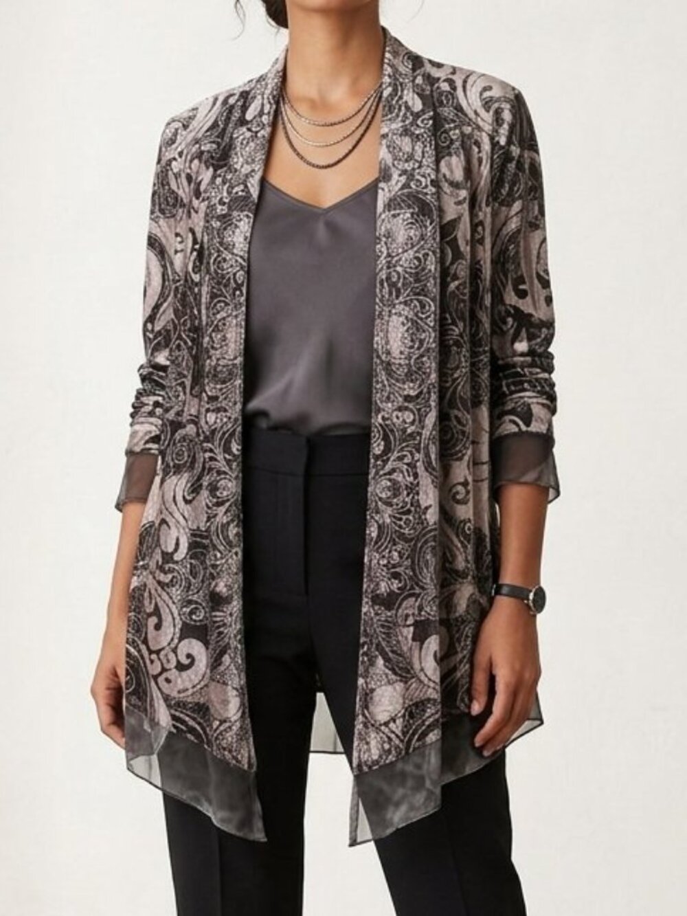 Style & Co Open-Front Gray Silver Velvet Paisley‎ Cardigan Size M